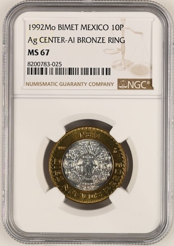 MEXICO 10 Pesos 1992 Silver NGC MS67 Bi-Metal