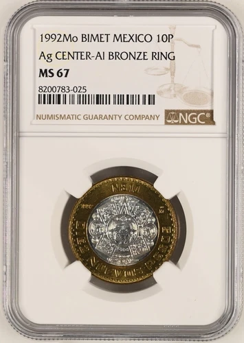 MEXICO 10 Pesos 1992 Silver NGC MS67 Bi-Metal