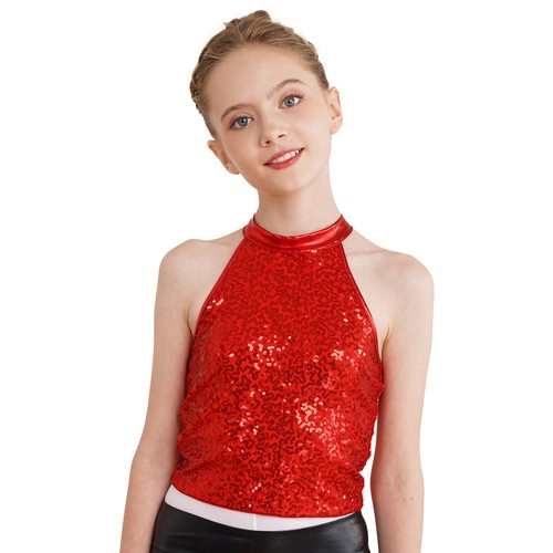 Kids Girls Sequin Halter Crop Top Sleeveless Tops Cheerleading Jazz Dance Gym - Picture 8 of 52