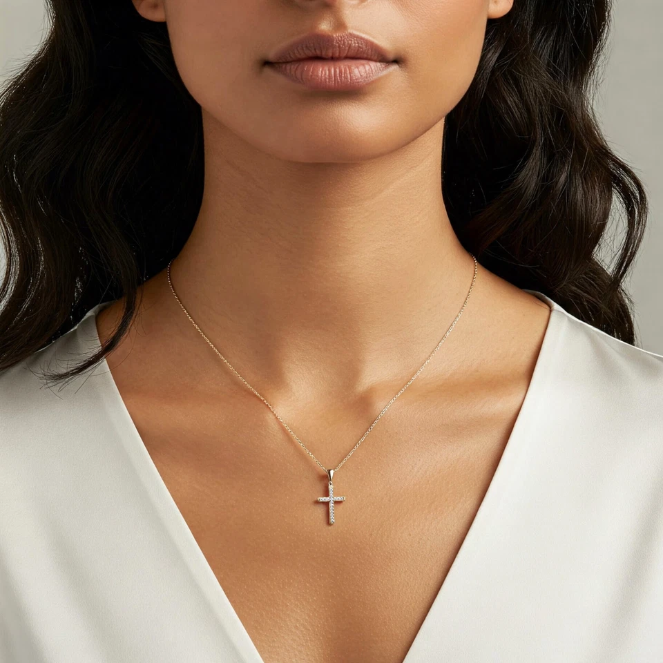 Collar con colgante de circonita cúbica cristiana delicada cruz blanca maciza real de 14K 18 pulgadas Foto 2 de 4