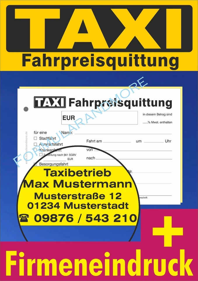 TAXI-Quittung, Block á 2x50 Blatt SD inkl. Firmeneindruck,TAXI-Fahrpreisquittung