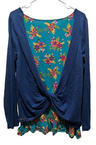 Matilda Jane Sweater Womens M Blue Twist Back Mixed Media Lightweight Knit - Picture 2 of 3