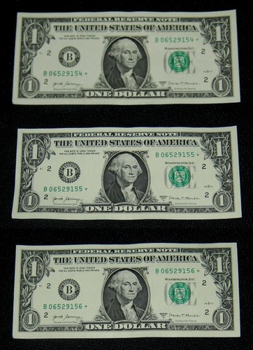 3 CONSECUTIVE SERIAL $1 2017A STAR B 06529154 * B 06529155 * B 06529156 *