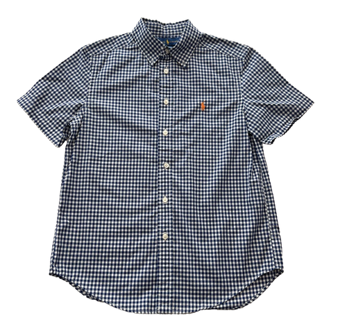 Ralph Lauren Boys Shirt M (10–12) Navy Gingham Button Down Short Sleeve Cotton
