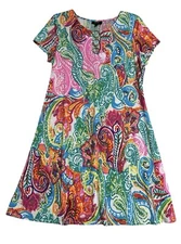 MSK Women’s Shift Dress Paisley Print Multicolor short sleeve Stretch Sz L