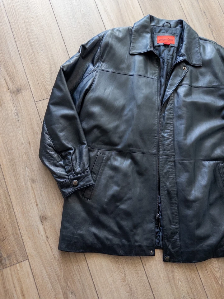Chaqueta de Cuero Para Hombre XL Larga Negra Juliano Celini Cremallera Completa Chaqueta Bomber Foto 2 de 4