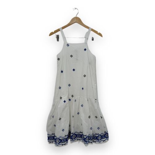 Zara Girls White Blue Dress Size 13-14 см 164 100% Cotton Embroidered Hem