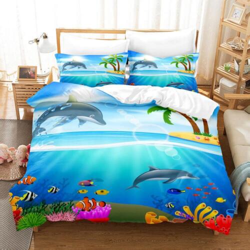 Underwater World Dolphin Quilt Duvet Cover Set Bed Linen California King Full - Imagen 1 de 2