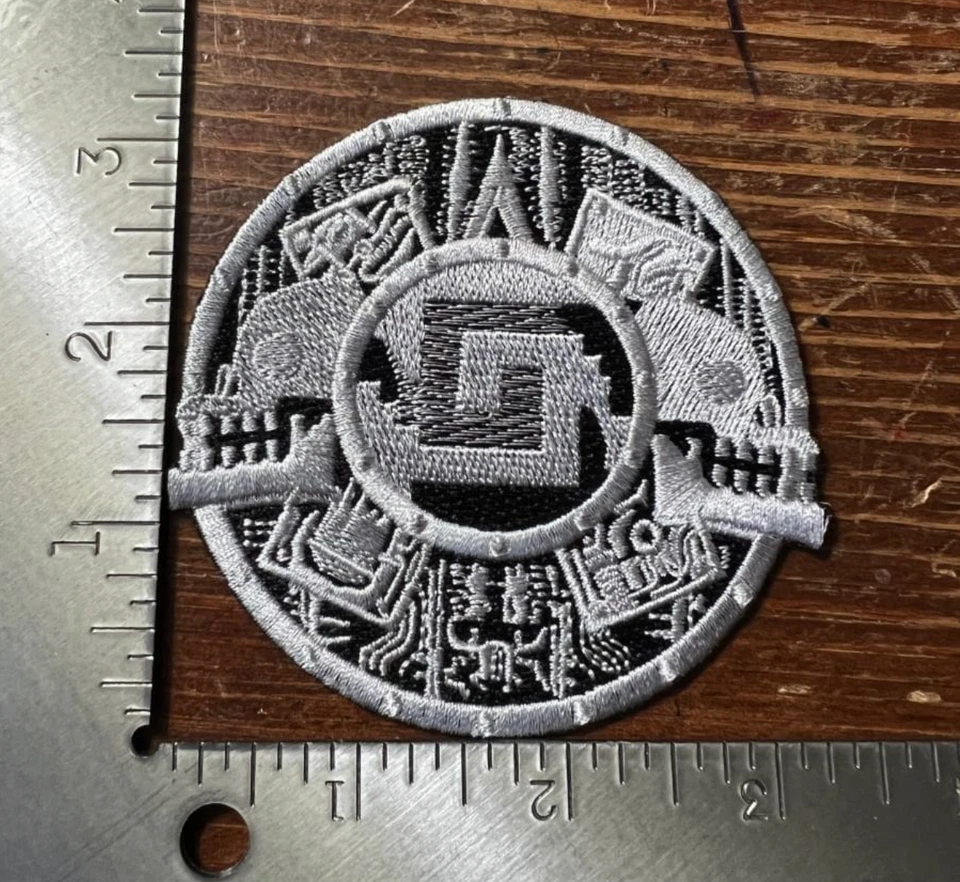 Mexica Aztec Shield Design Patch, Skulls, Black Silver, Nahui Ollin Olin, (#25)