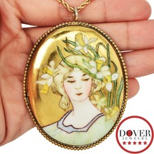 Estate 9K Yellow Gold Woman Portrait Enamel Large Pin Pendant 31.9 Gr NR