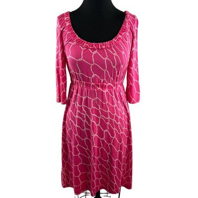 Lilly Pulitzer Everyday Pink Geometric Silk Dress Empire Waist 3/4 Sleeves XS