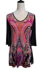 Nygard Paisley Colorful Slinky Stretch Top Artsy Boho Pink Black Orange SZ Small