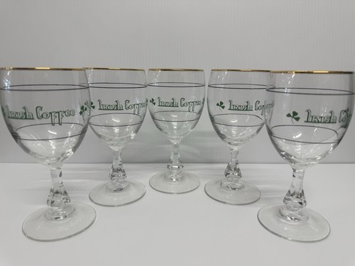 Vintage Set of 5 Irish Coffee w/Shamrocks 6" Glass Gold Rim Glasses