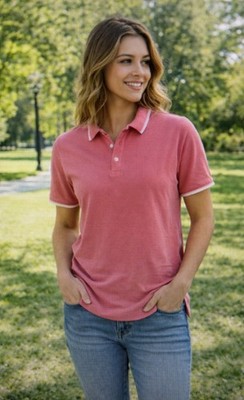 Lands End pink coral Polo Shirt White Trim Short Sleeve preppy casual golf 0X 14