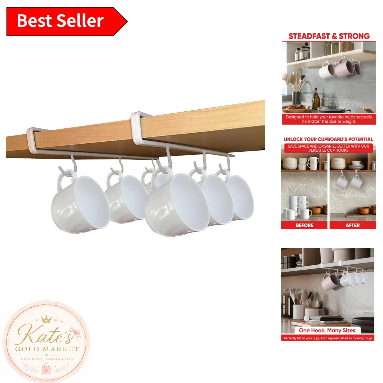 Space-Saving White Mug Organizer - 6 Hooks for Easy Kitchen Accessory Display