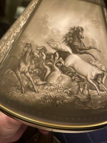 Antique Lithophane Lamp Shade Wild Horses-Stag-Wolves In Attack