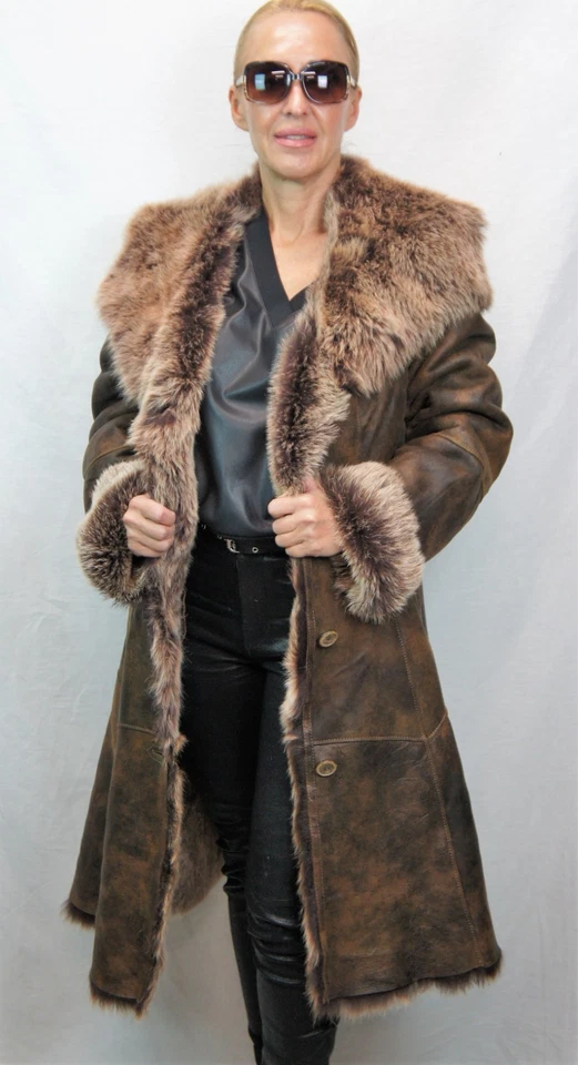 REAL 100% Piel de Oveja Piel de Oveja Toscana Abrigo Largo Capucha DAKOTA MARRÓN XS-6XL Foto 2 de 4