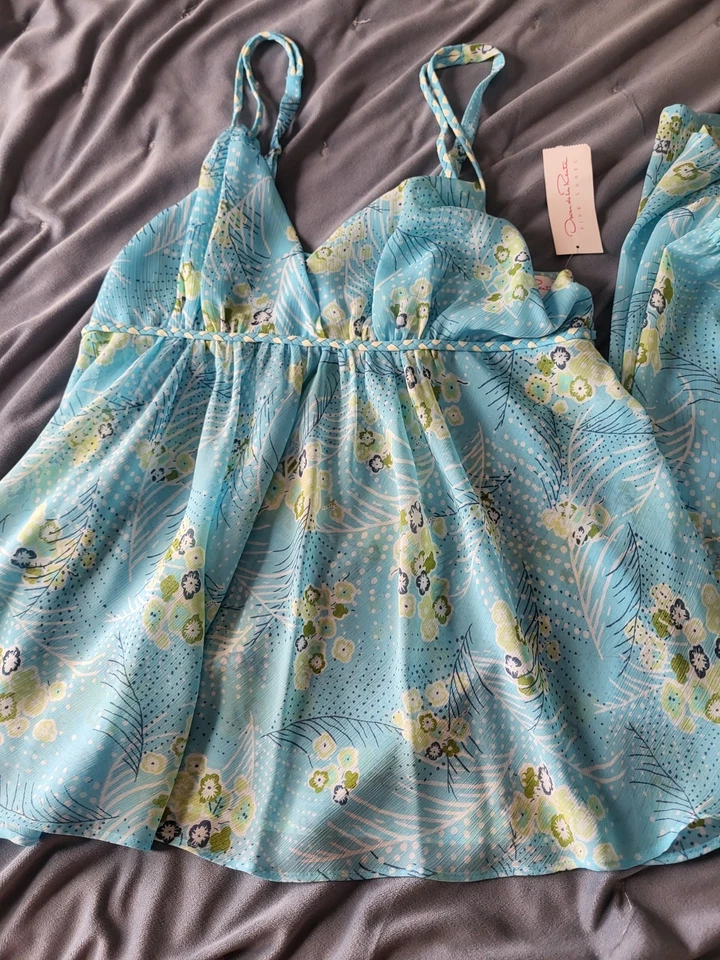 Juego de lencería Oscar de La Renta de gasa 2 piezas talla L nuevo azul floral. Foto 3 de 4