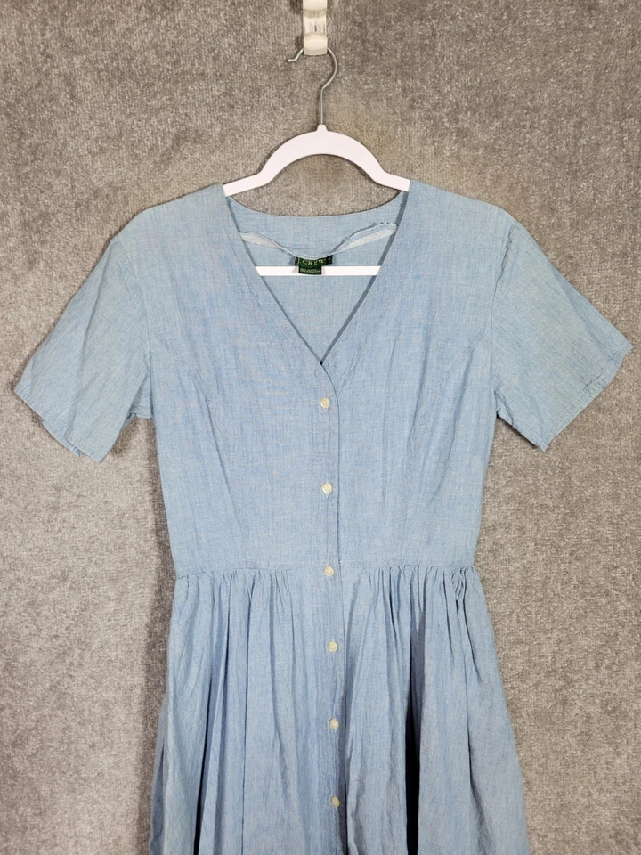 Vintage J Crew Denim Pleated Button Up Dress Womens Size 6 Blue Chambray Pockets - Image 4 of 4