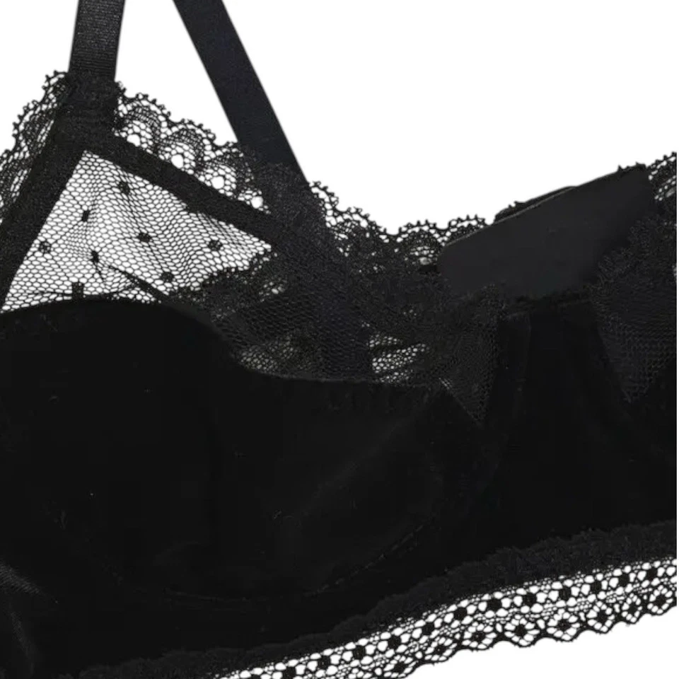 Stella McCartney Black Lace Mesh Underwire Bra 34E Sheer Polka Dot Gold Hardware - Image 4 of 4