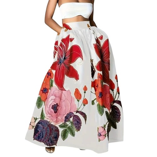 Chic Trendy Boho Floral High Waist Maxi Skirt Pockets XL Party Cocktail Spring
