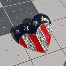 USA Red White Blue Sparkle Hear Shaped Metal 1 Inch Vintage Pin 80s