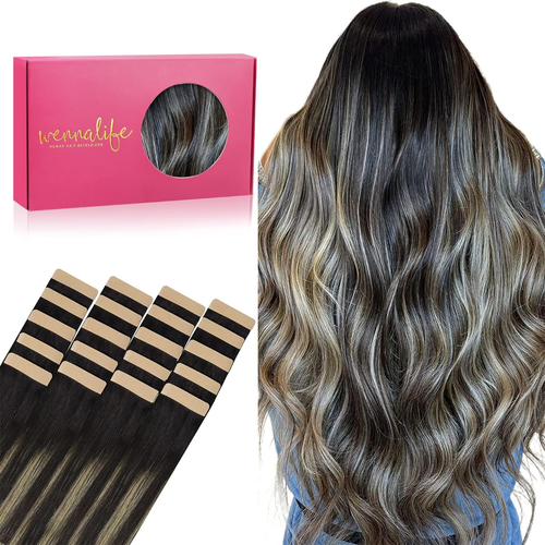Extension Capelli Veri Biadesivo, 20Pz 25Cm 30G Balayage Da Nero Naturale a Bion - Foto 12 di 12