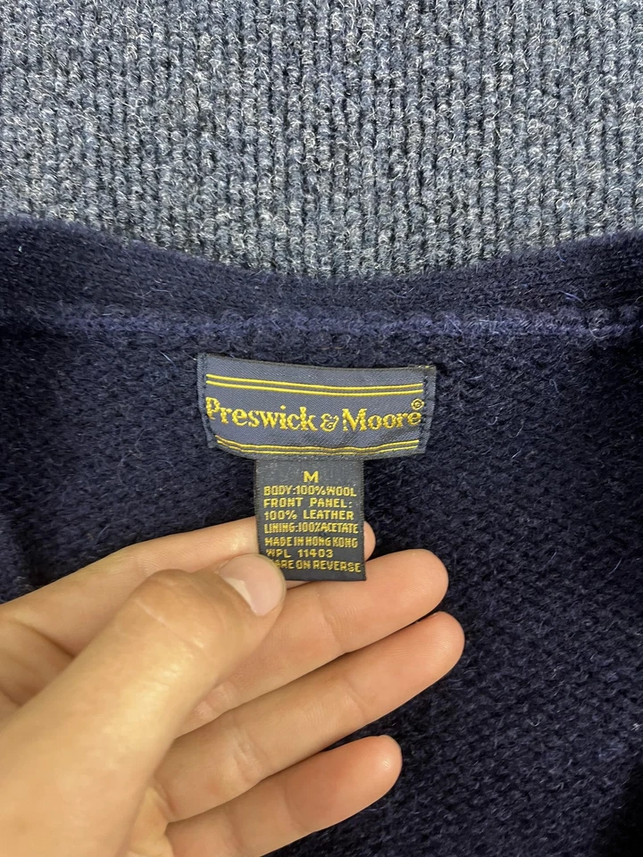 VINTAGE Preswick & Moore Cardigan Sweater Mens Medium Navy Brown Suede Wool 90s - Image 2 of 4