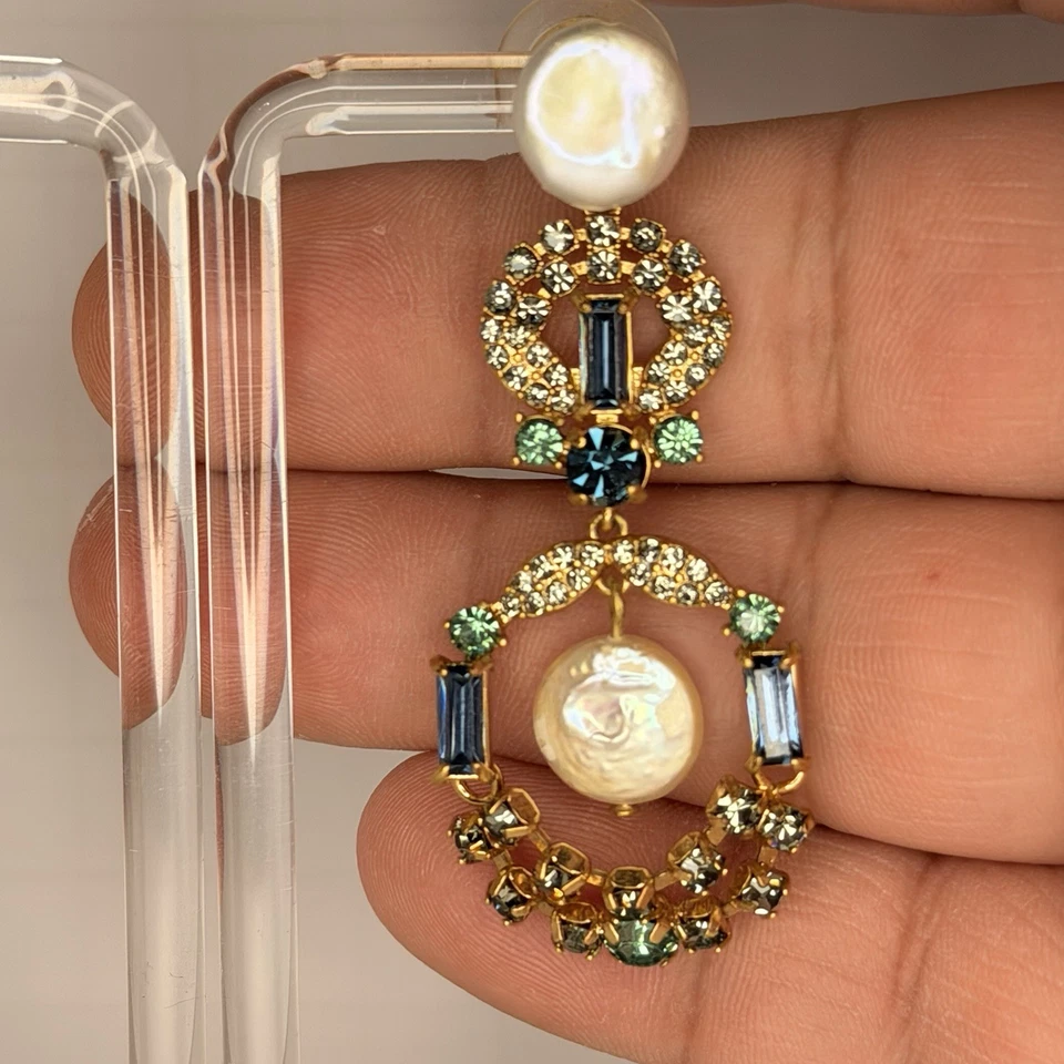 J.Crew Freshwater Pearl Sparkle Statement Earrings Blue Multi Gold Plated NWT - Image 3 of 4