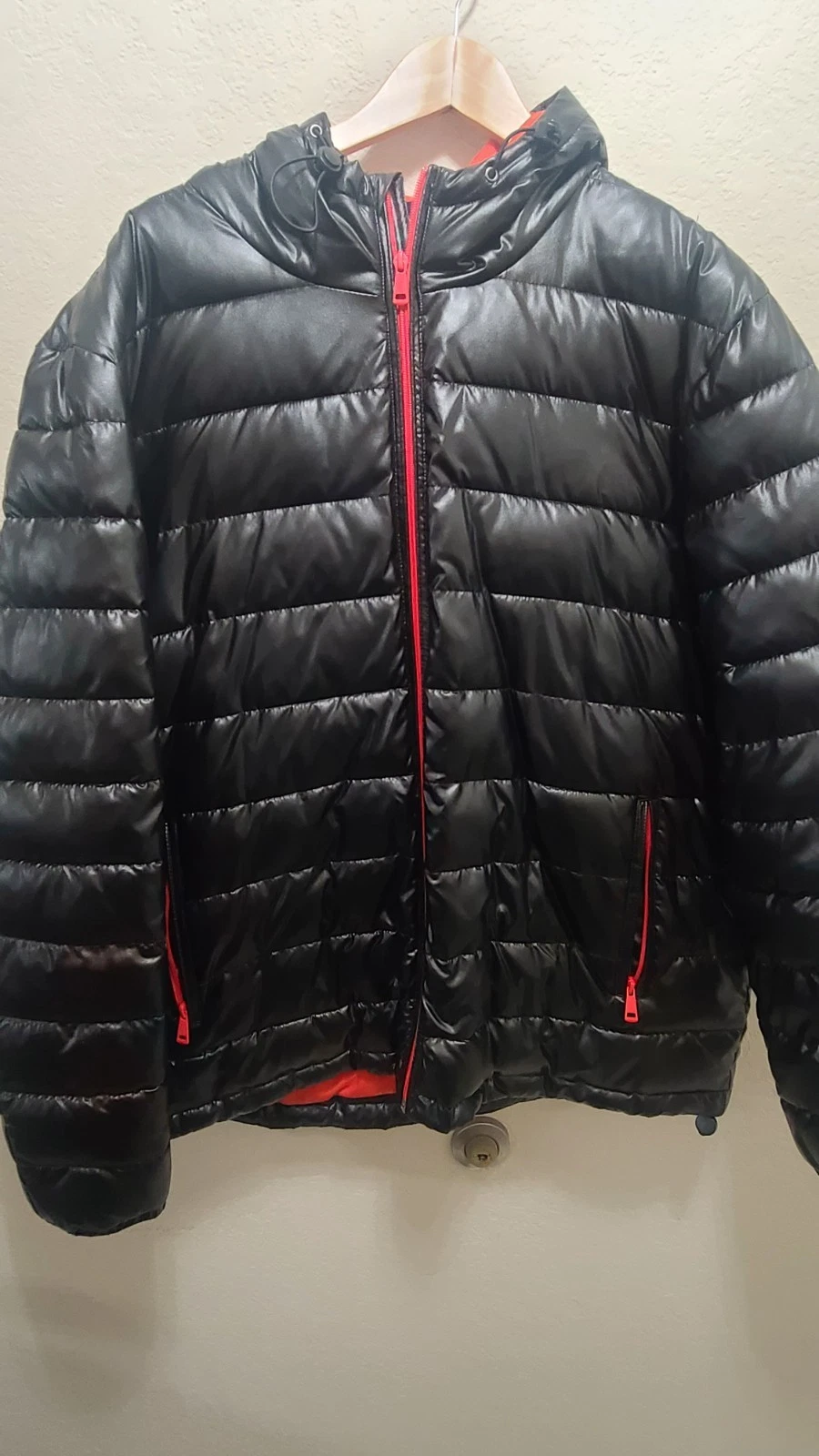Cole Haan Mens Jacket L Quilted Faux Leather Hooded Puffer Insulated Black $265