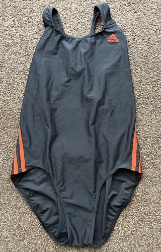 Adidas Swimsuit Swimming Costume Grey Orange 3 Stripes Racer Size 14-16 EUR 40” - 第 1/5 張圖片