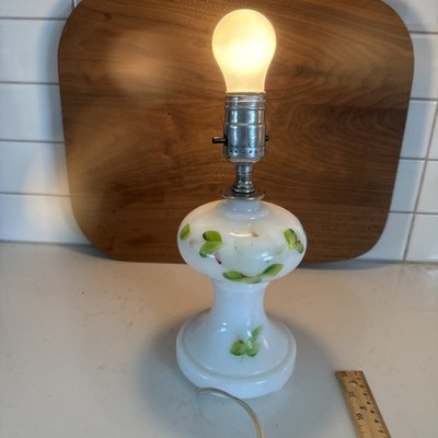vintage milk glass boudoir lamp, hand-painted with an ivy motif. 