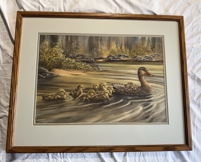 Vintage Watercolor Duck And Duckling First Swim Signed Kale - Mary Kale Framed