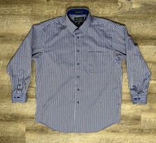 Paul Fredrick Dress Shirt Mens 16-32 White w/ Navy Blue Stripes B/D No Iron