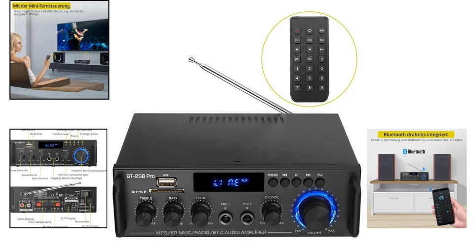 Audio Verstärker Stereo 50Wx2 Bluetooth FM USB RCA Mikrofon Kabelloser Klang - Bild 2 von 4