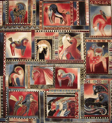 Laurel Burch Dancing Horses Earth Tone Panel Fabric. OOP 21.5 x 23