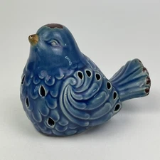 Blue Porcelain Bird Finch Perforated Figurine Reticulated Pottery Home Decor