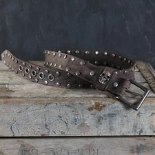 Distressed Leather Belt. Studded. Skull Loop Design. 1.5” Wide. Dark Brown
