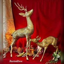 Brass Deer Vintage Buck and Doe Christmas Holiday Rustic Cabin Gold Deer