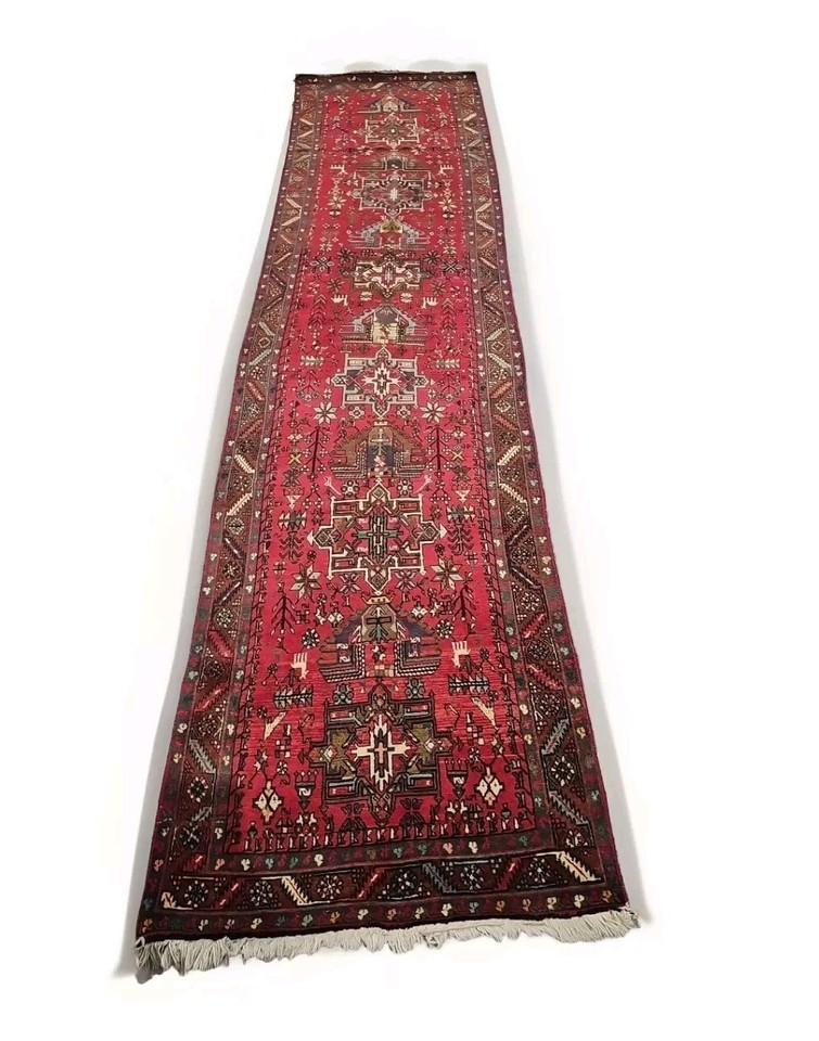 Tribal Geometric Gharajeh Runner Rug 3'2"x13'4" Wool Handknotted