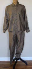Vtg 90s Chaus Green Cotton Sateen Pant Slacks Shirt Jacket 2 Pc Set Women's S