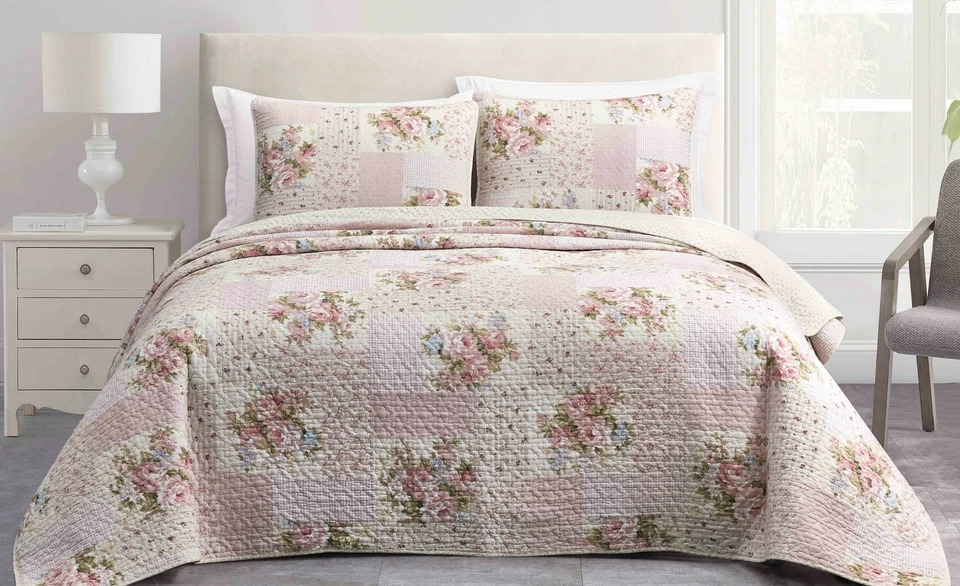 Pre-Washed Cotton Quilt Set - Rosy Pink Chic Floral Bedding Coverlet Set - Image 2 of 4