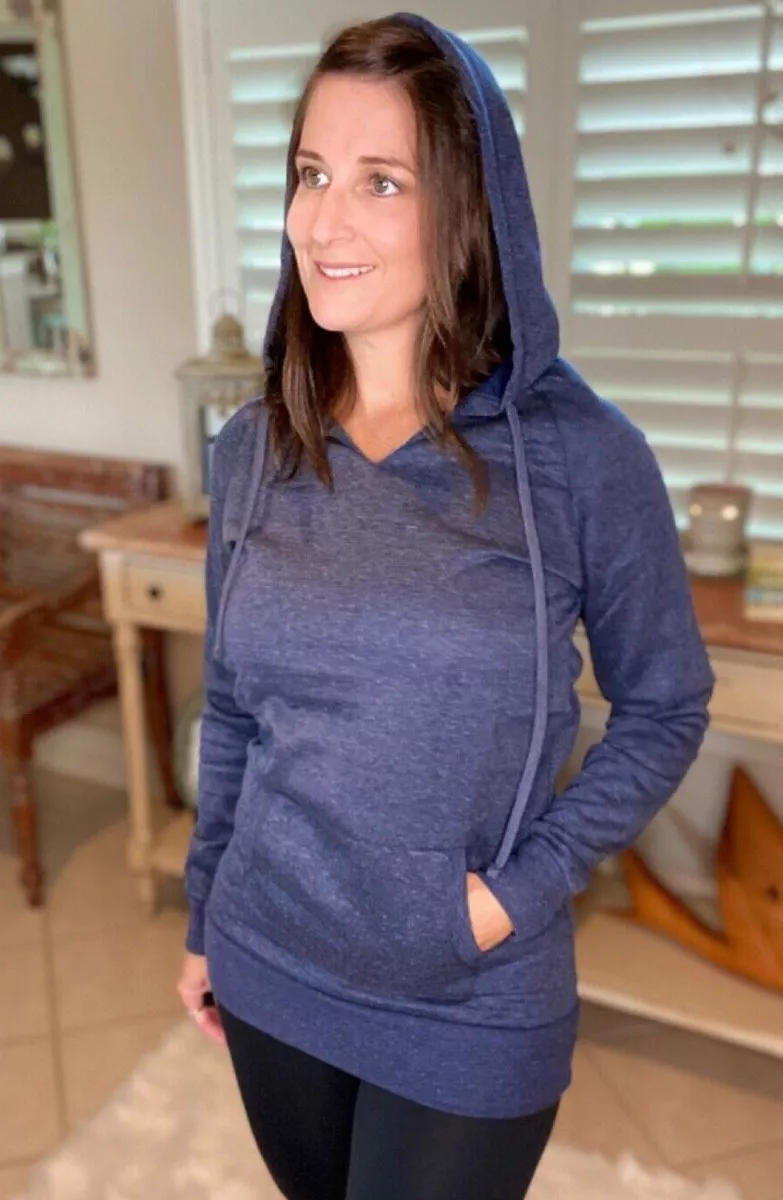 Kangaroo Pocket Drawstring Hoodie Banded Bottom Raglan Sleeve Navy