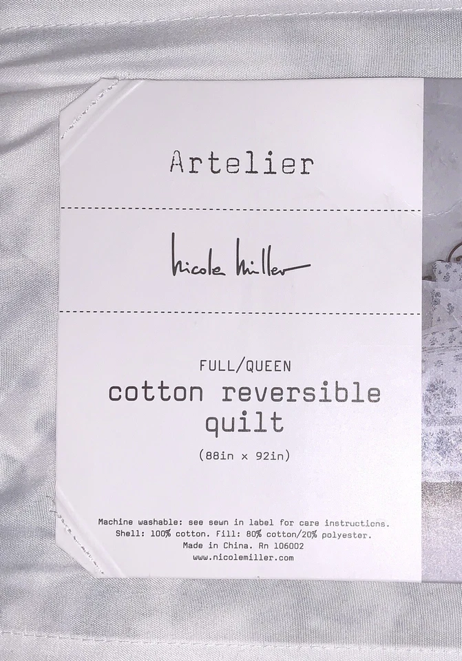 NUEVO Edredón Nicole Miller Blanco Azul Floral Completo/Reina Algodón con Borde Trozado Foto 4 de 4