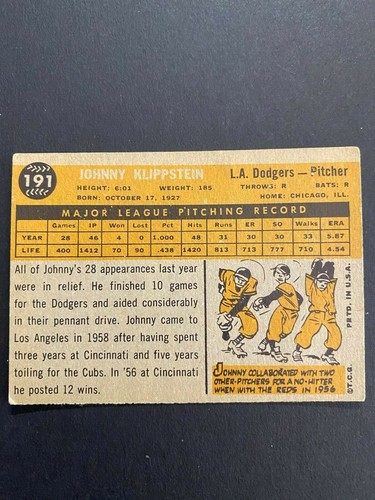1960 Topps Johnny Klippstein #191 - Picture 2 of 2