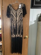 Black Beige Beaded Sequin Fringe Midi Dress V-Neck Short Sleeve Size Medium