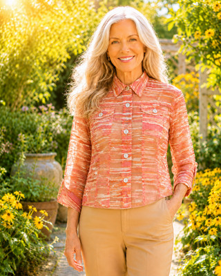 Ruby Rd Women s 12P Orange Sheer Print Collared Shirt 3/4 Sleeve Linen Blend