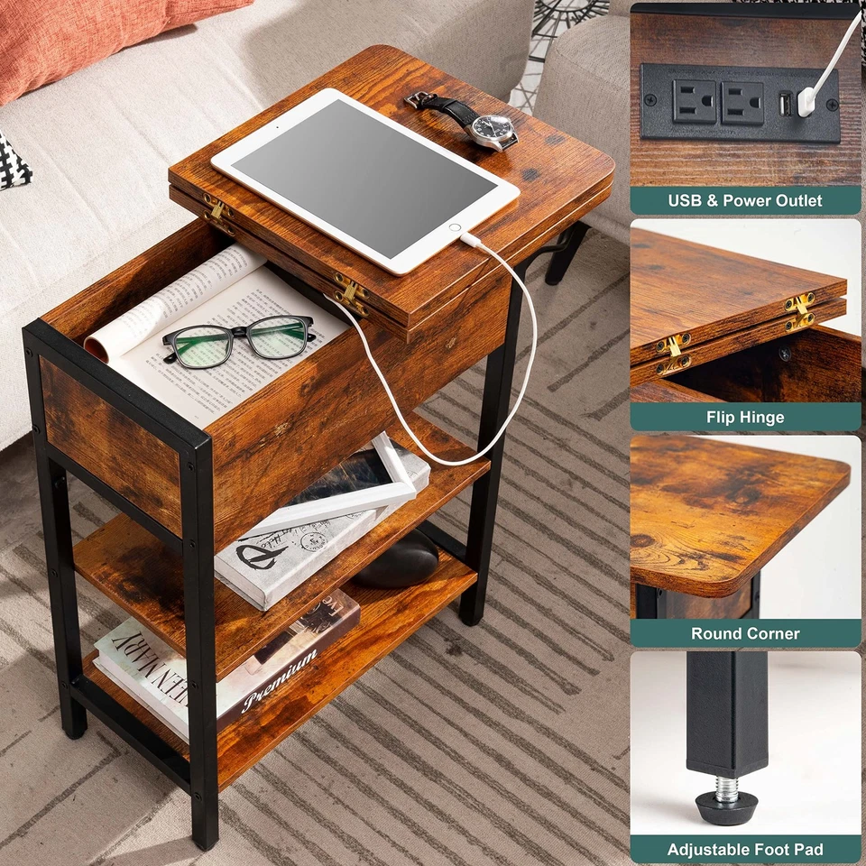 End Table with Charging Station, USB Ports, Narrow Nightstand for Small Space - Image 4 of 4