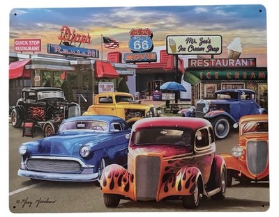 Vintage Retro Rt 66 Diner Hot Rod Car Show Theme, Metal Sign Wall Art 12 x 15
