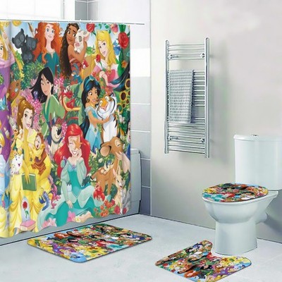 Disney Princess All Characters Print Shower Curtain Bath Mat Toilet Lid Cover